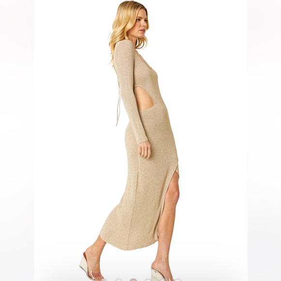 NWT Misa Los Angles Metallic Gold Beige Knit Cut Out Midi Sweater Dress - Picture 4 of 13